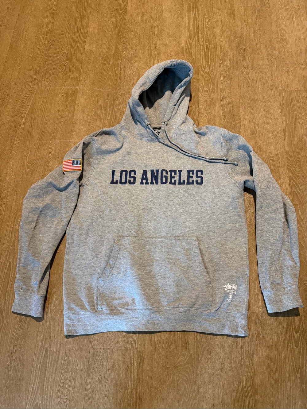Stussy Los Angeles Pullover Hoodie Gray Size Large USA Flag Patch Streetwear